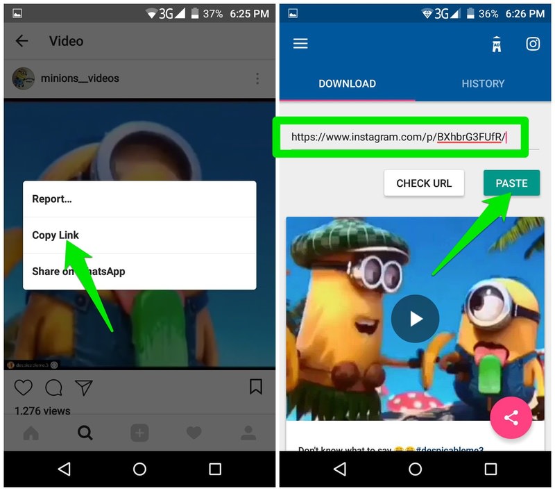 copy-paste-link in Video Downloader for instagram
