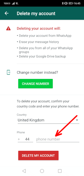 وارد کردن شماره موبایل حذف اکانت واتس اپ 