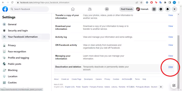 گزینه حذف اکانت با غیرفعال سازی فیس بوک